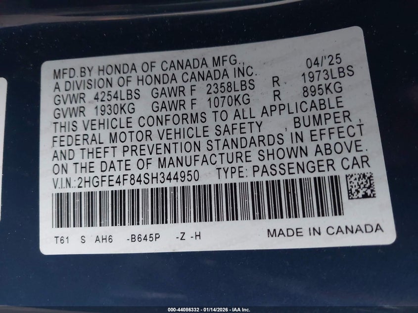 VIN 2HGFE4F84SH344950 2025 HONDA CIVIC HYBRID SPORT/SPORT TOURING
