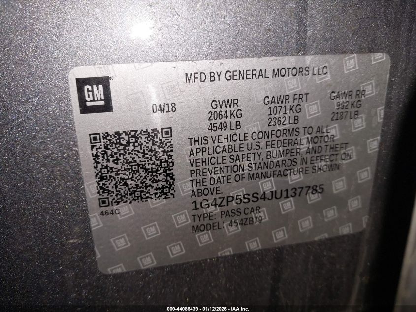 2018 Buick Lacrosse Essence VIN: 1G4ZP5SS4JU137785 Lot: 44086439