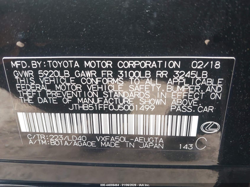 2018 Lexus Ls 500 VIN: JTHB51FF0J5001499 Lot: 44086464