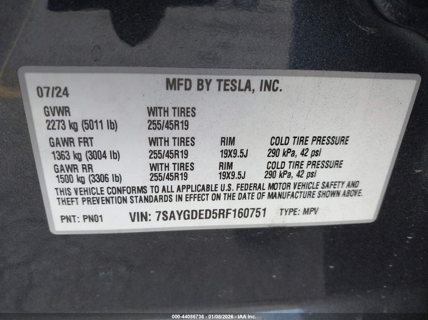 VIN 7SAYGDED5RF160751 2024 TESLA MODEL Y