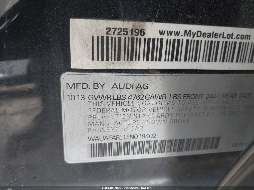 2014 Audi A4 2.0T Premium VIN: WAUAFAFL1EN019402 Lot: 44087076