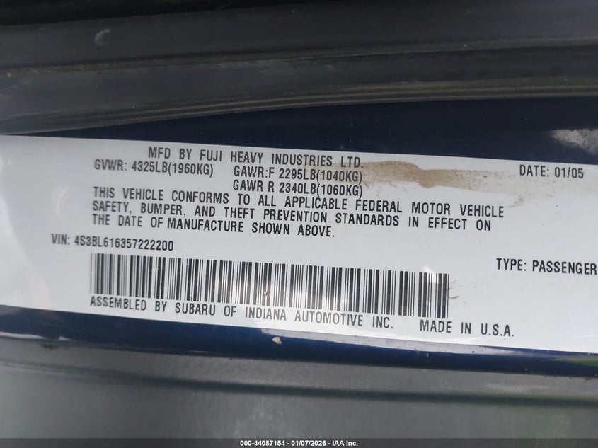 2005 Subaru Legacy 2.5I VIN: 4S3BL616357222200 Lot: 44087154