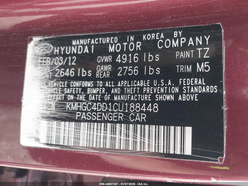 2012 Hyundai Genesis 3.8 brown Lot 111044087357 Vin KMHGC4DD1CU188448
