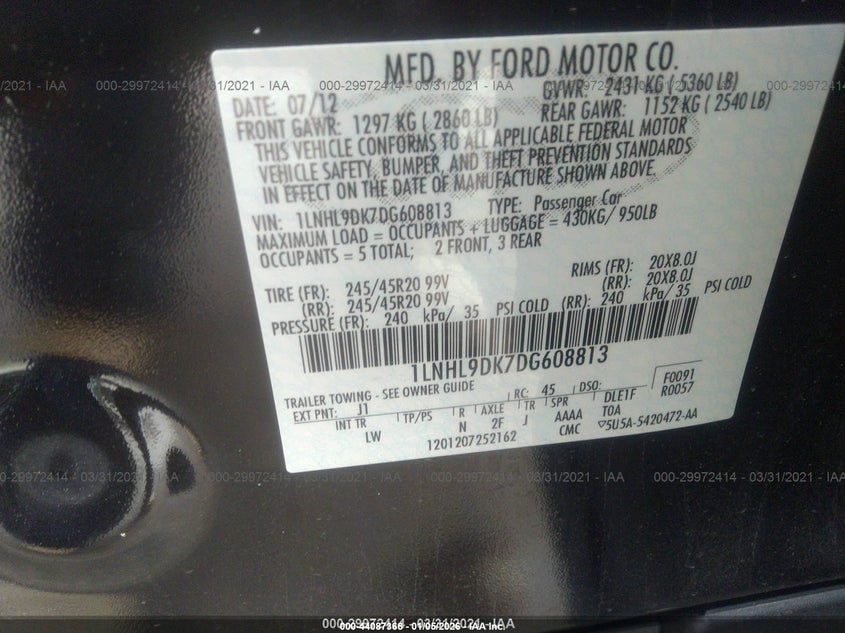2013 Lincoln Mks VIN: 1LNHL9DK7DG608813 Lot: 44087366