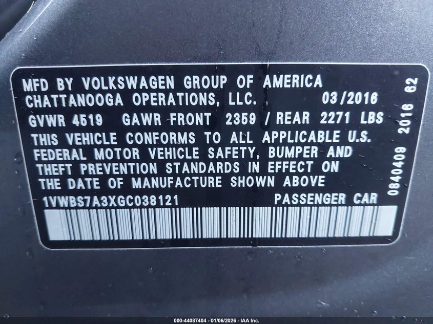 2016 Volkswagen Passat 1.8T Se VIN: 1VWBS7A3XGC038121 Lot: 44087404