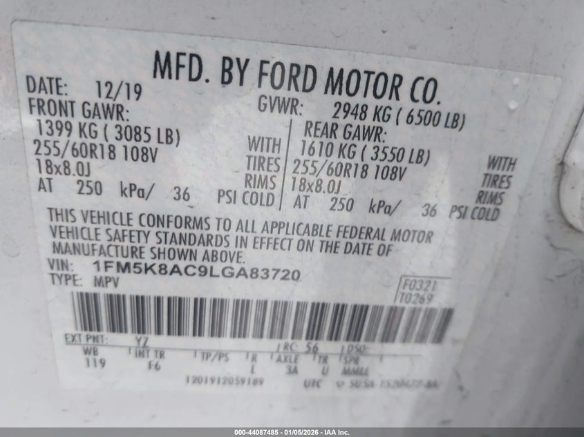 VIN 1FM5K8AC9LGA83720 2020 FORD POLICE INTERCEPTOR UTILITY