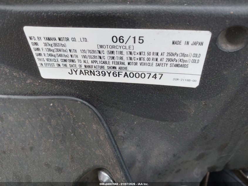2015 Yamaha Yzfr1 C VIN: JYARN39Y6FA000747 Lot: 44087668