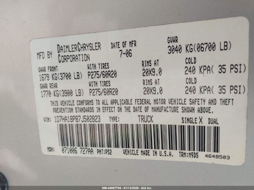 2007 Dodge Ram 1500 Slt VIN: 1D7HA18P87J502823 Lot: 44087794
