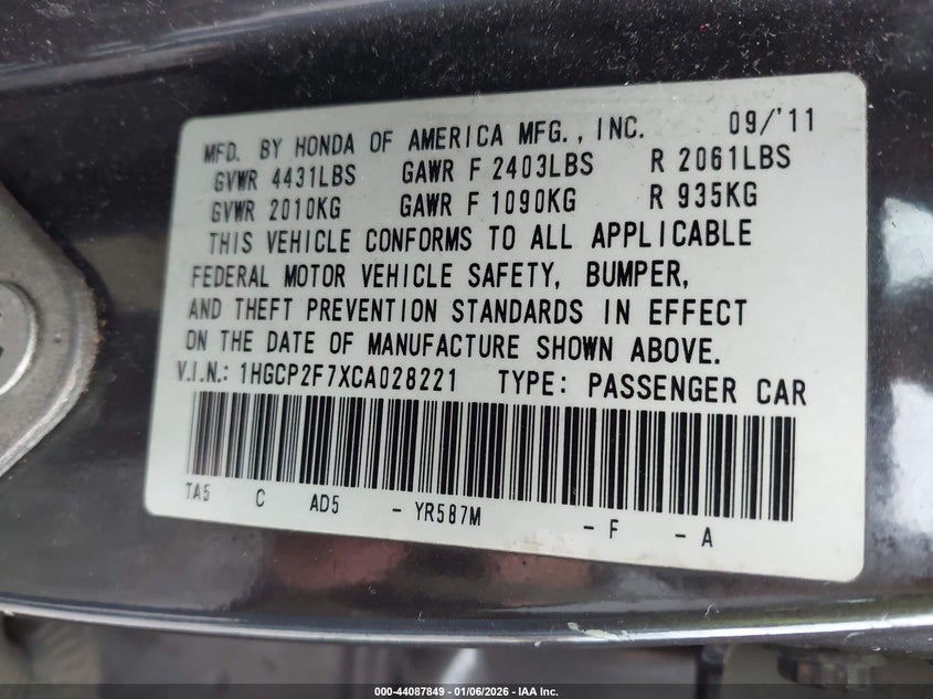 2012 Honda Accord 2.4 2.4 Ex Black Lot 111044087849 Vin 1HGCP2F7XCA028221