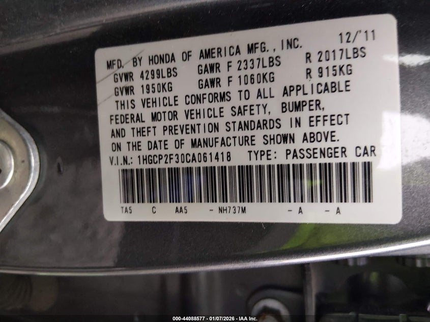 2012 Honda Accord 2.4 Lx grey Lot 111044088577 Vin 01HGCP2F30CA06141