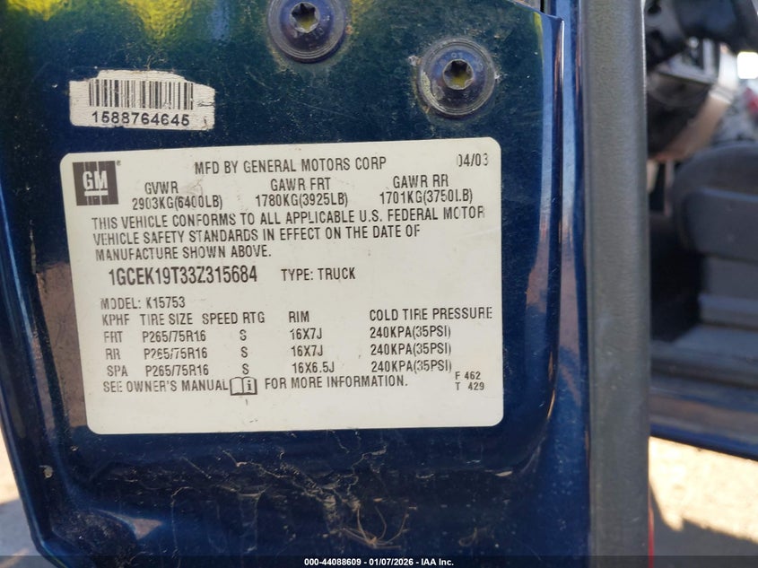 2003 Chevrolet Silverado 1500 Ls VIN: 1GCEK19T33Z315684 Lot: 44088609