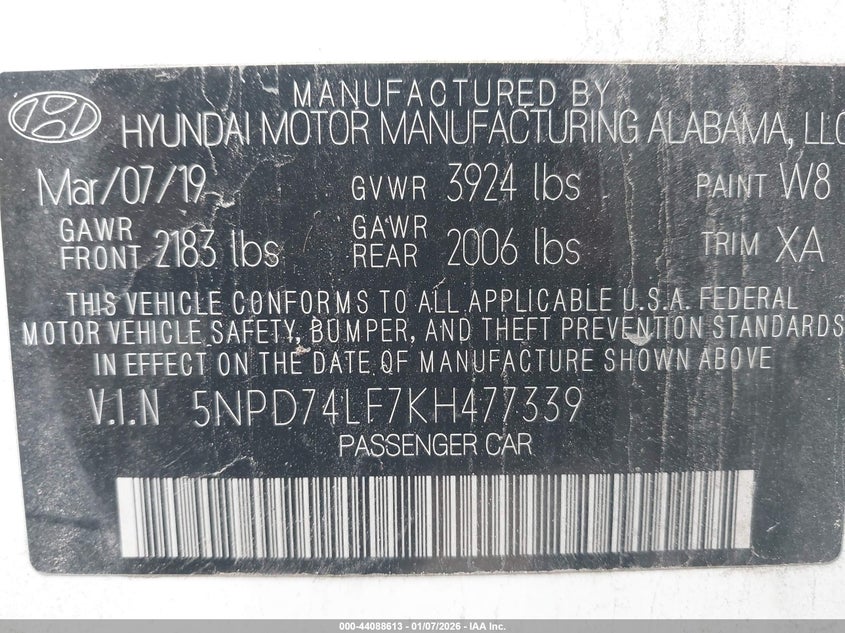 VIN 5NPD74LF7KH477339 2019 HYUNDAI ELANTRA SE