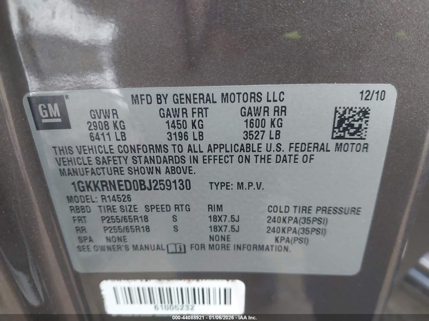 2011 GMC Acadia Sl VIN: 1GKKRNED0BJ259130 Lot: 44088921