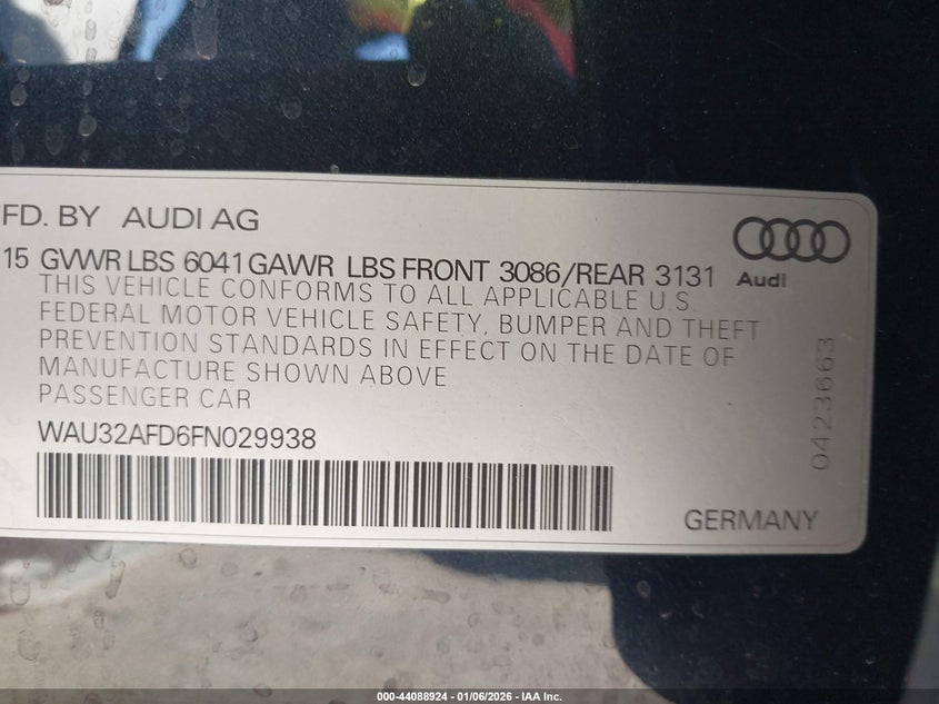 2015 Audi A8 L 4.0T VIN: WAU32AFD6FN029938 Lot: 44088924