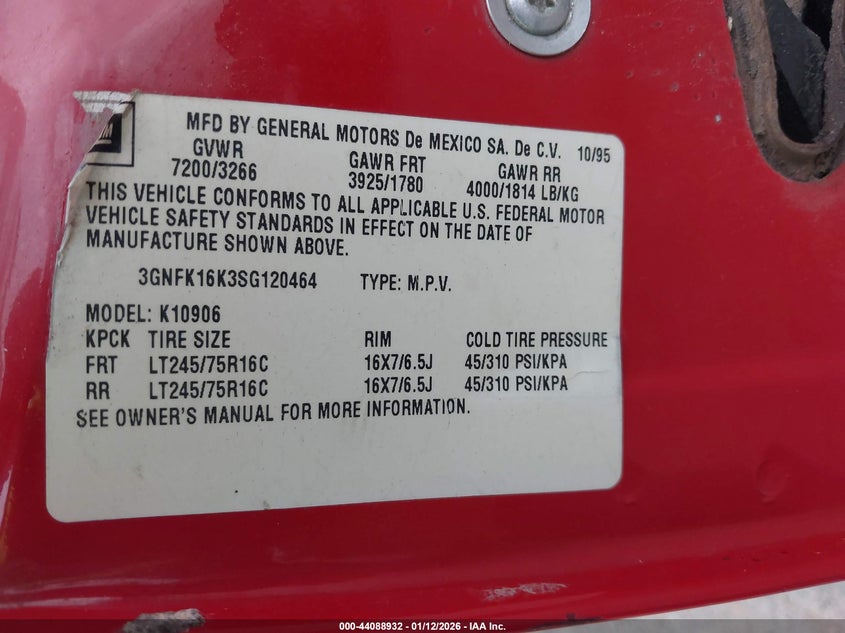 1995 Chevrolet Suburban K1500 VIN: 3GNFK16K3SG120464 Lot: 44088932