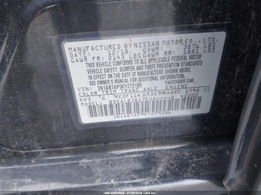 VIN 3N1AB7AP9KY279186 2019 NISSAN SENTRA S