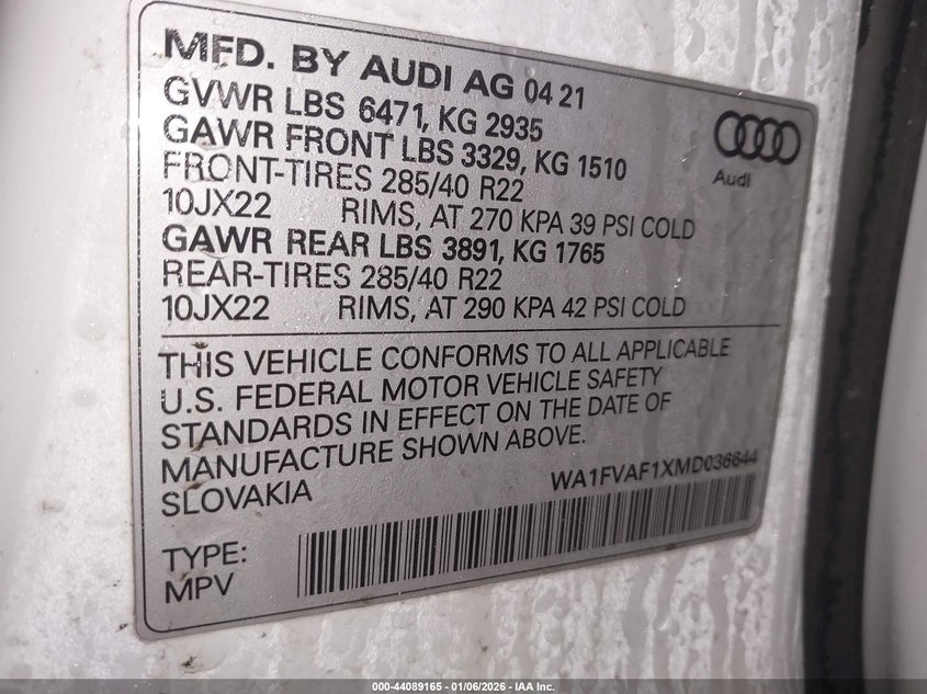 2021 Audi Q8 Prestige 55 Tfsi Quattro Tiptronic VIN: WA1FVAF1XMD036644 Lot: 44089165