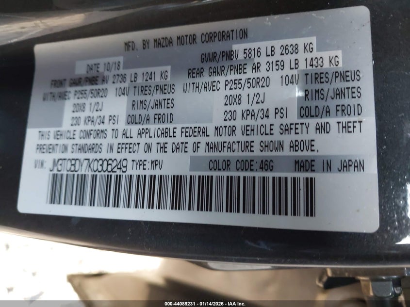 2019 Mazda Cx-9 Grand Touring VIN: JM3TCBDY7K0306249 Lot: 44089231