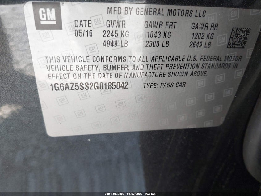 2016 Cadillac Cts Premium Collection VIN: 1G6AZ5SS2G0185042 Lot: 44089309