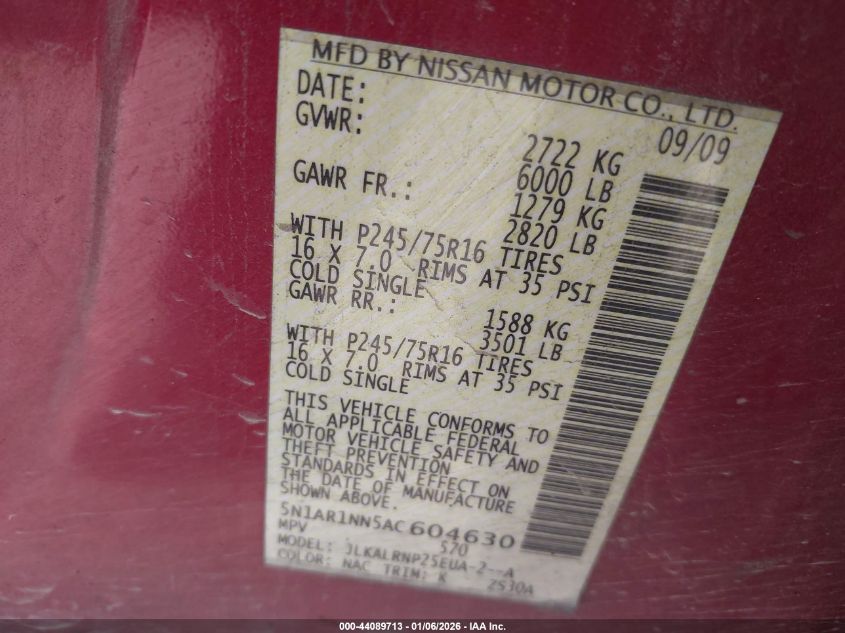 2010 Nissan Pathfinder S Fe+ VIN: 5N1AR1NN5AC604630 Lot: 44089713