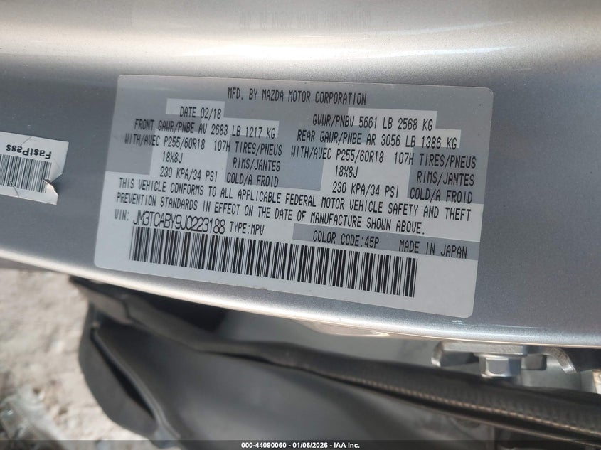 2018 Mazda Cx-9 Sport VIN: JM3TCABY9J0223188 Lot: 44090060