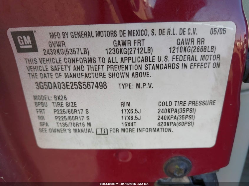2005 Buick Rendezvous Cx VIN: 3G5DA03E25S567498 Lot: 44090071