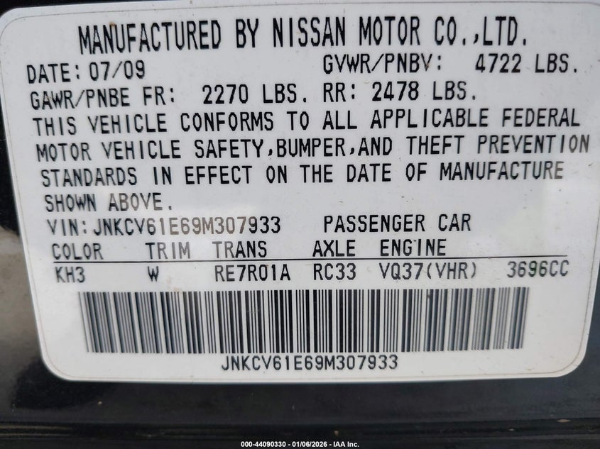 2009 Infiniti G37 Journey VIN: JNKCV61E69M307933 Lot: 44090330
