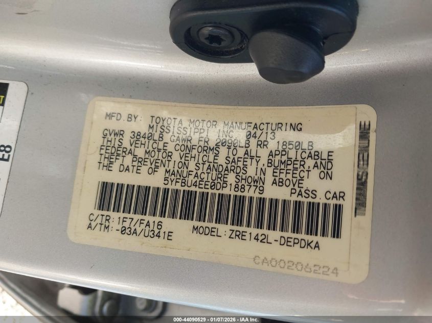 2013 Toyota Corolla L VIN: 5YFBU4EE0DP188779 Lot: 44090529