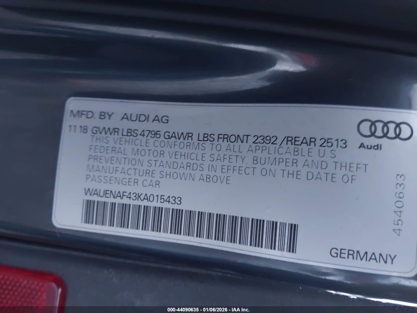 2019 Audi A4 45 Premium VIN: WAUENAF43KA015433 Lot: 44090635