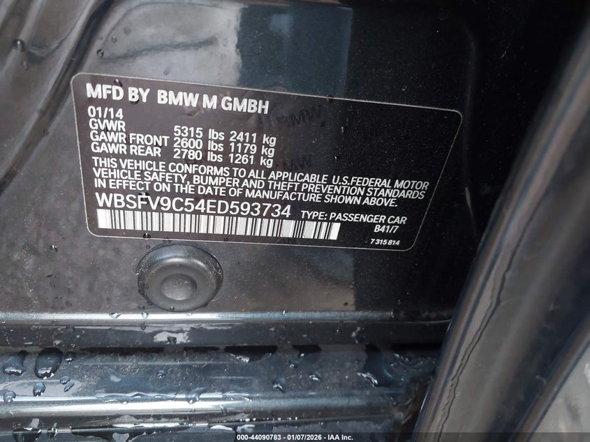 2014 BMW M5 VIN: WBSFV9C54ED593734 Lot: 44090783