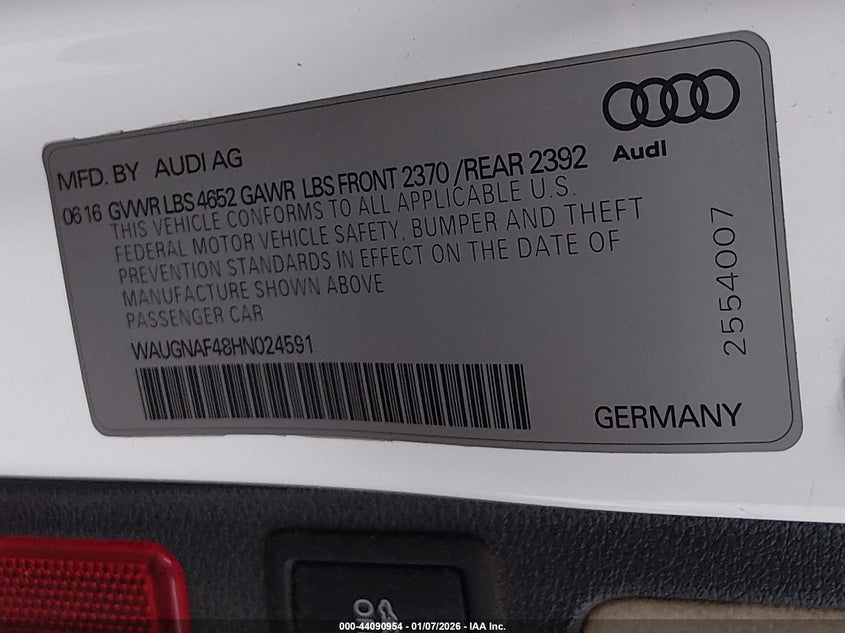 2017 Audi A4 2.0T Premium VIN: WAUGNAF48HN024591 Lot: 44090954