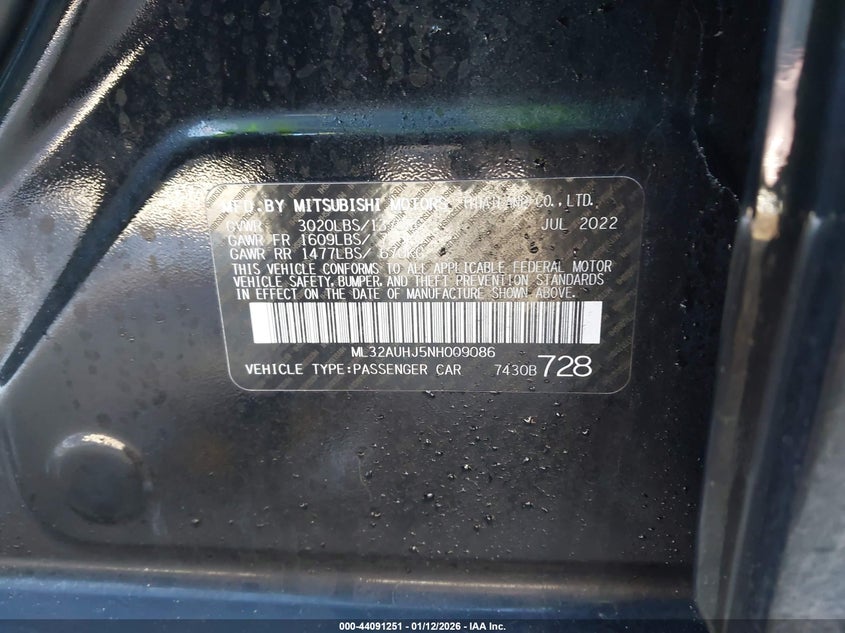 2022 Mitsubishi Mirage Es/Le VIN: ML32AUHJ5NH009086 Lot: 44091251