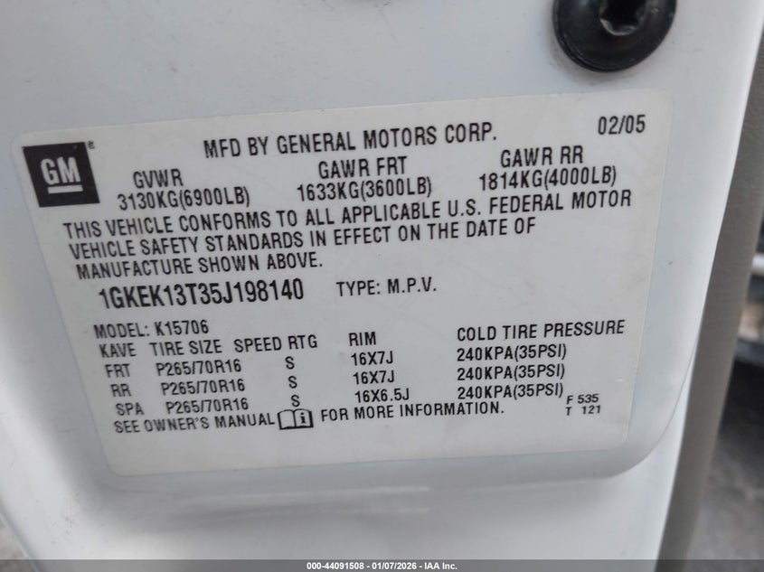 2005 GMC Yukon Sle VIN: 1GKEK13T35J198140 Lot: 44091508
