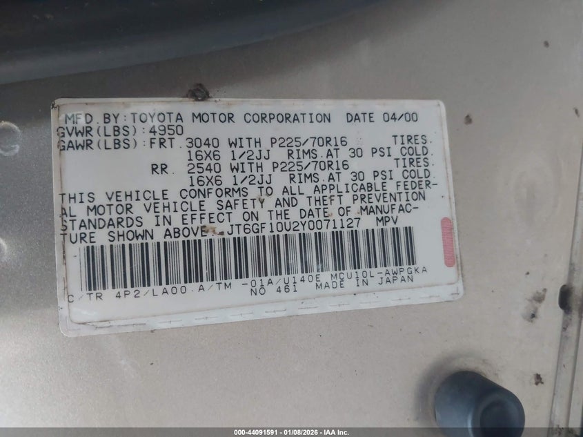 2000 Lexus Rx 300 VIN: JT6GF10U2Y0071127 Lot: 44091591