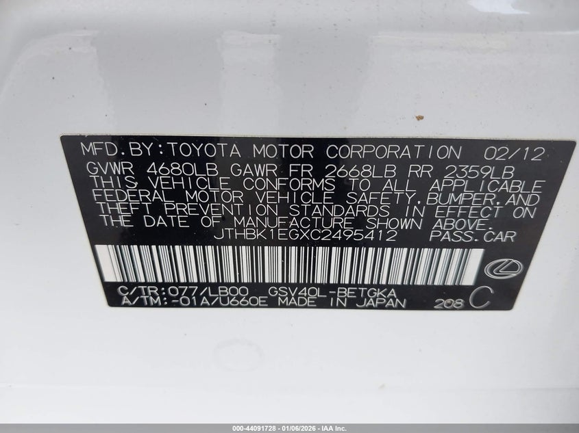 2012 Lexus Es 350 3.5 White Lot 111044091728 Vin JTHBK1EGXC2495412