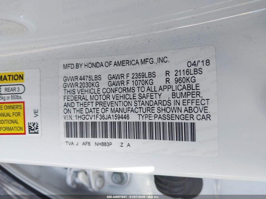 2018 Honda Accord Sport VIN: 1HGCV1F36JA159446 Lot: 44091841
