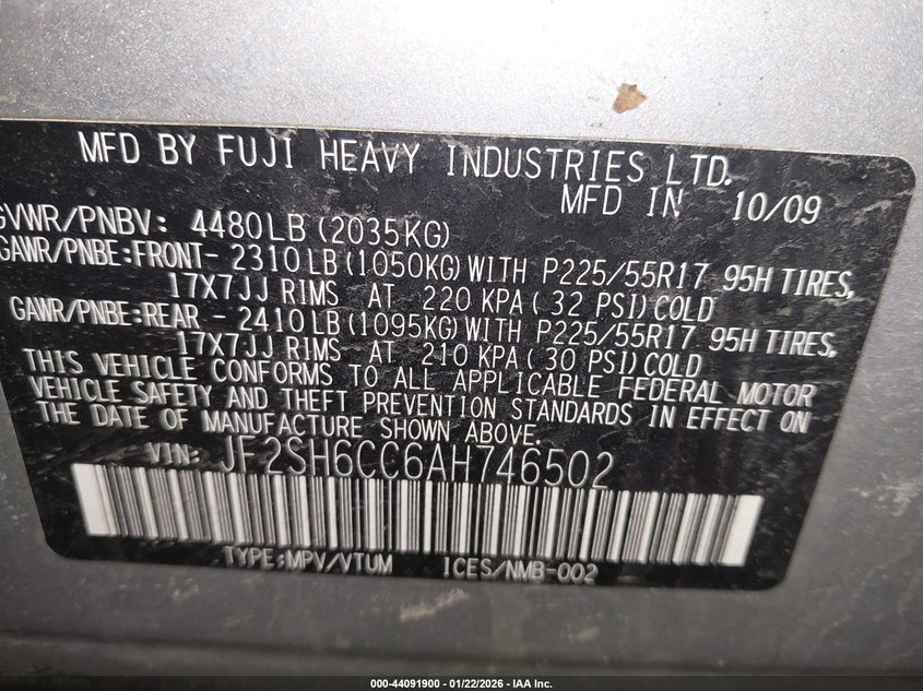 2010 Subaru Forester 2.5X Premium VIN: JF2SH6CC6AH746502 Lot: 44091900