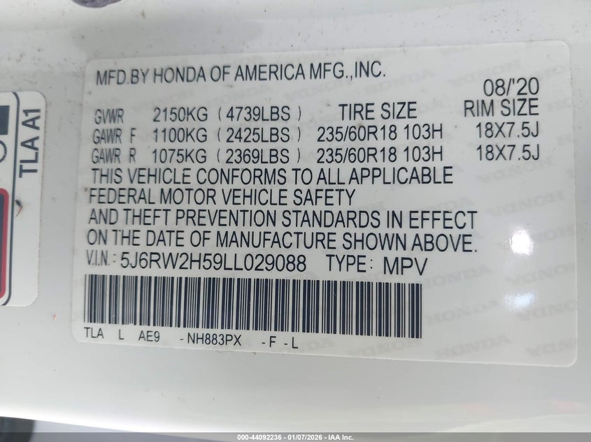 VIN 5J6RW2H59LL029088 2020 HONDA CR-V AWD EX