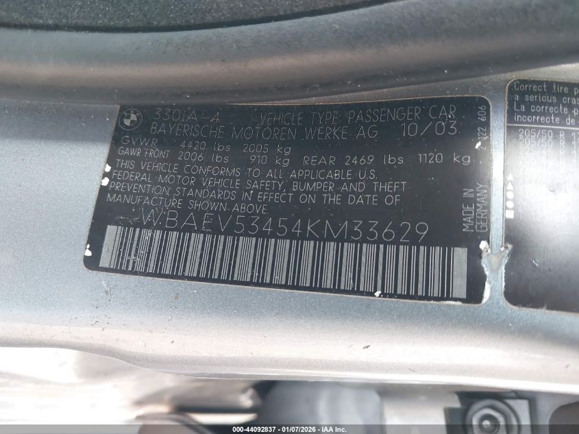 2004 BMW 330I VIN: WBAEV53454KM33629 Lot: 44092837