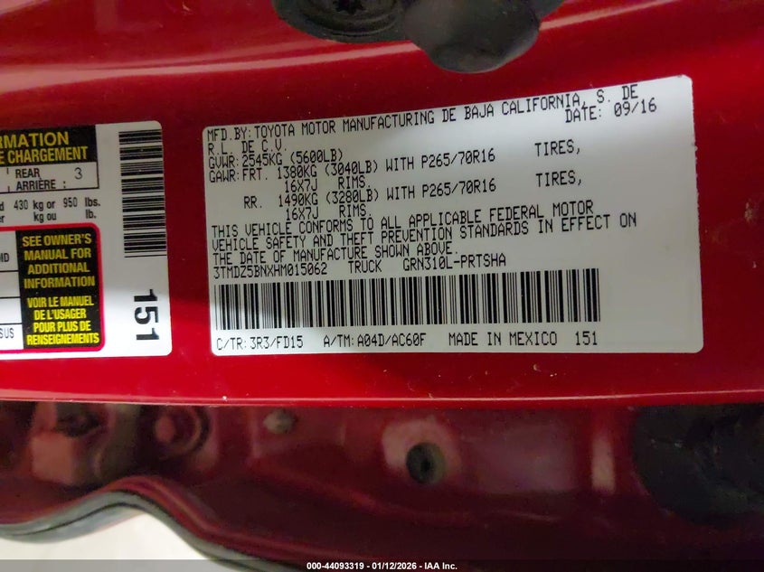 VIN 3TMDZ5BNXHM015062 2017 TOYOTA TACOMA TRD OFF ROAD