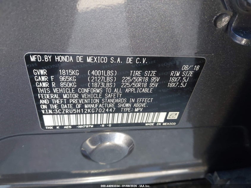 2019 Honda Hr-V Sport VIN: 3CZRU5H12KG702447 Lot: 44093334