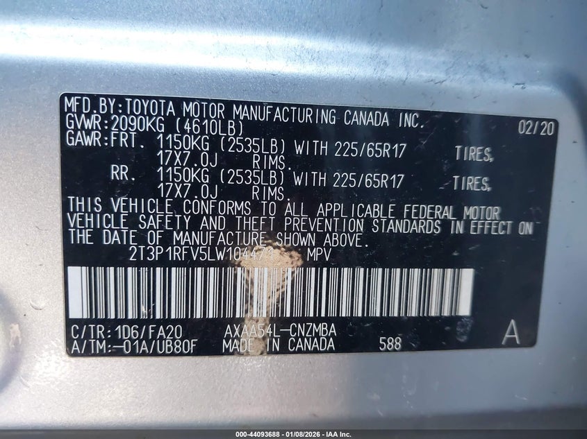 VIN 2T3P1RFV5LW104471 2020 TOYOTA RAV4 XLE