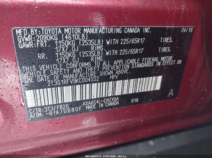 VIN 2T3G1RFV9KC004552 2019 TOYOTA RAV4 LE