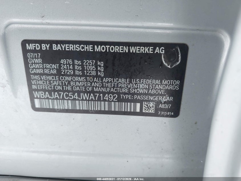 2018 BMW 530I xDrive VIN: WBAJA7C54JWA71492 Lot: 44093831