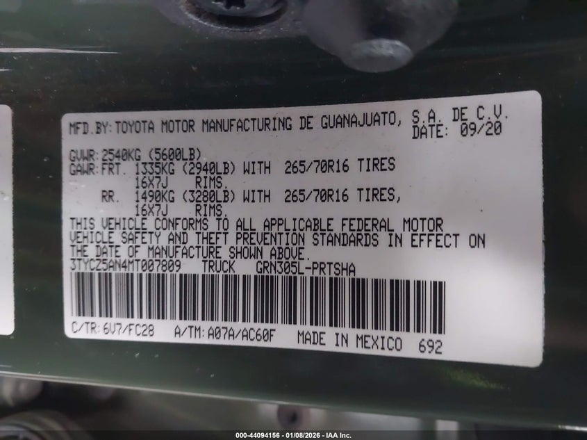 VIN 3TYCZ5AN4MT007809 2021 TOYOTA TACOMA SR5 V6