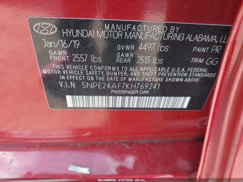 VIN 5NPE24AF7KH769241 2019 HYUNDAI SONATA SE