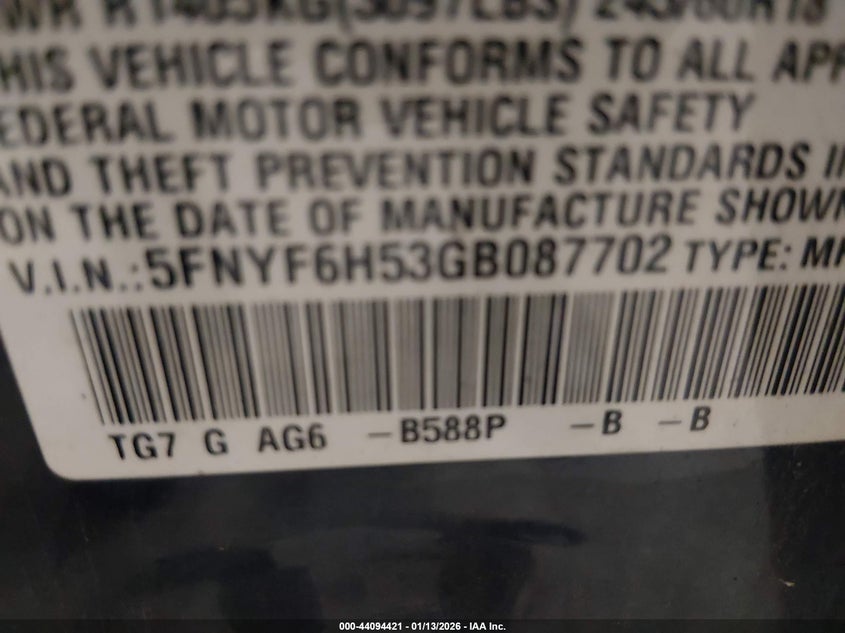 2016 Honda Pilot Ex-L VIN: 5FNYF6H53GB087702 Lot: 44094421