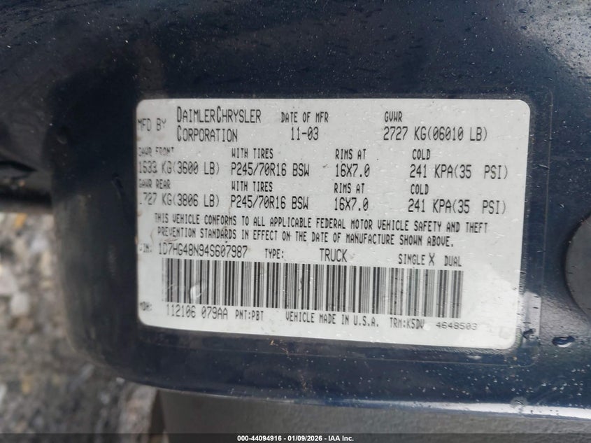 2004 Dodge Dakota Slt VIN: 1D7HG48N94S607987 Lot: 44094916