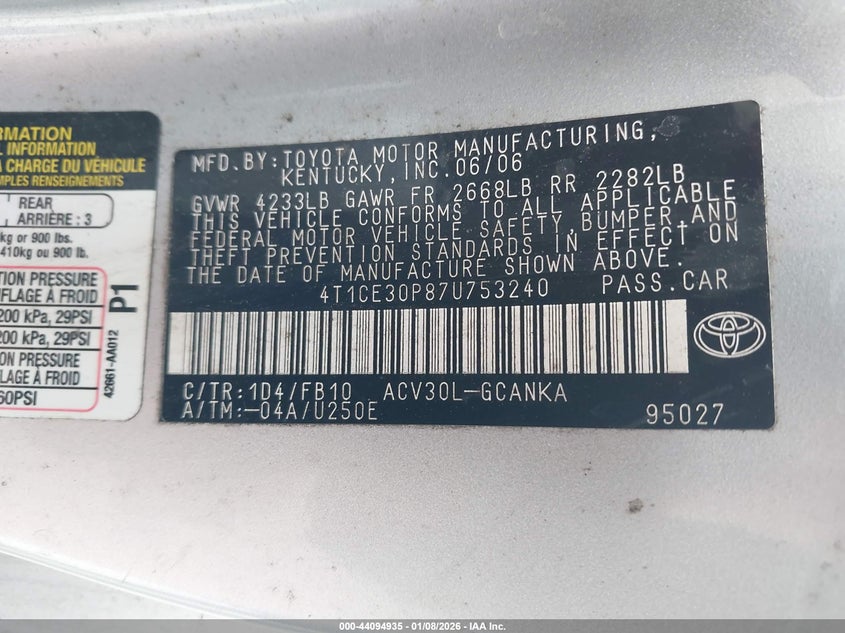 2007 Toyota Camry Solara Se VIN: 4T1CE30P87U753240 Lot: 44094935