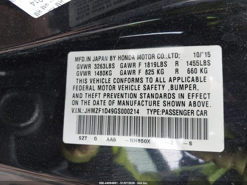 2016 Honda Cr-Z Lx VIN: JHMZF1D49GS000214 Lot: 44094981